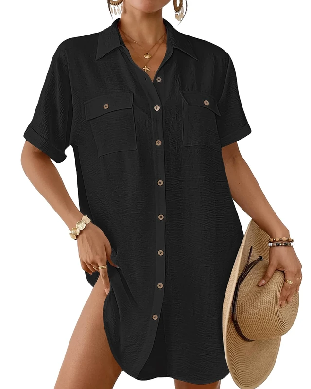Bsubseach Women Swimsuit Coverup Button Down Bathing Suit Cover Up for Swimwear Summer Beach Shirt Dresses Resort Wear Black S