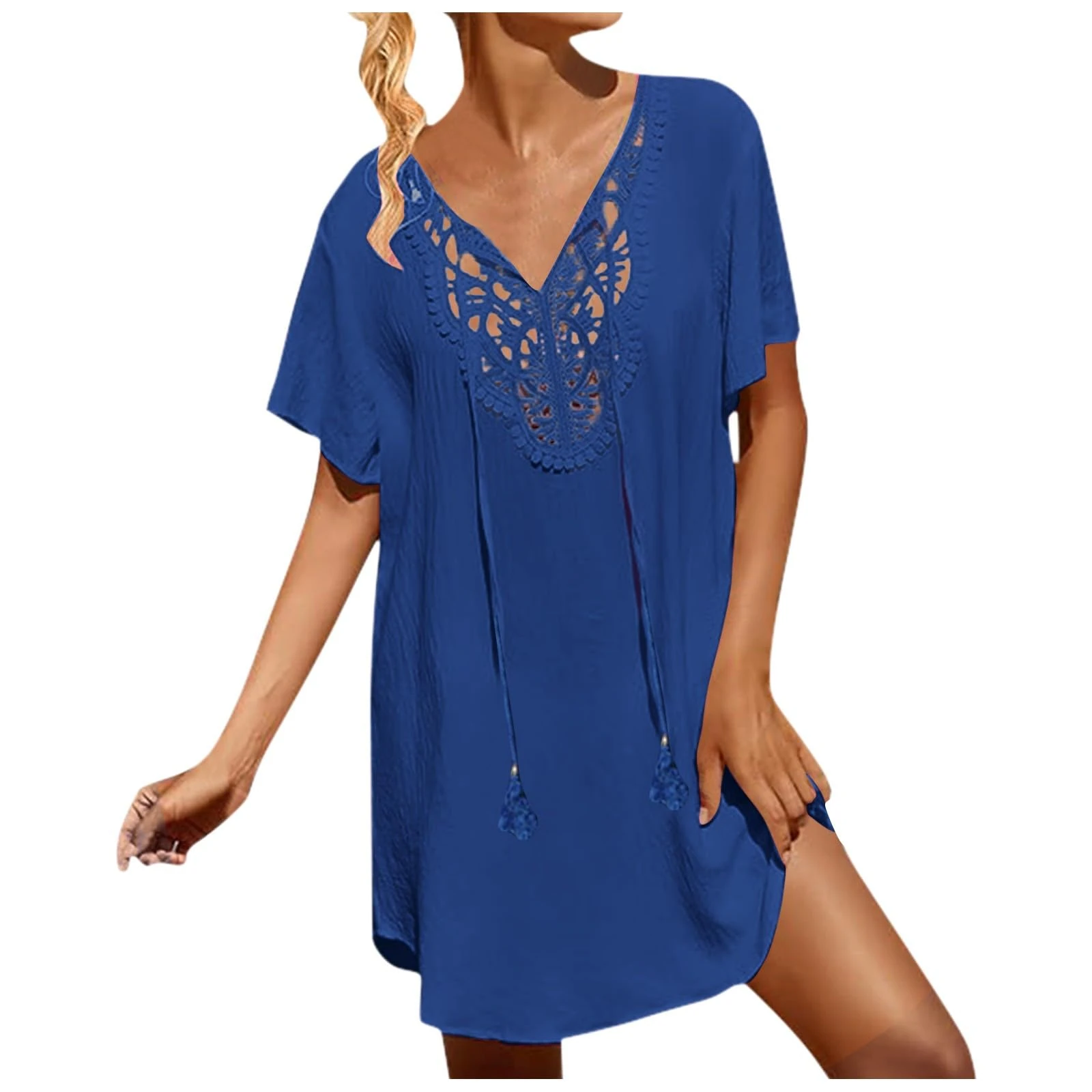 Beach Cover Ups for Women Summer Lace Crochet V-Neck Bikini Cover Up Beachwear Ladies Loose Fit Hollow Out Beach Vacation Dress Blue