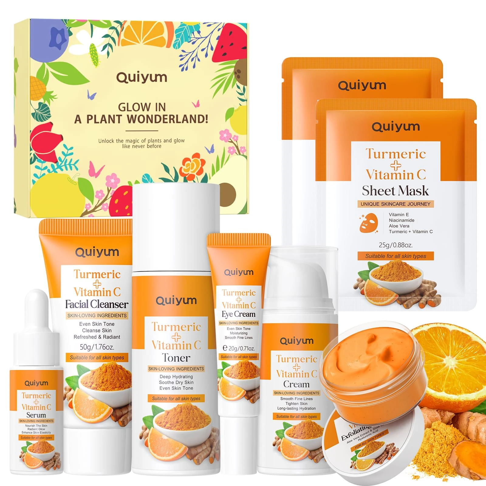 Quiyum Turmeric Vitamin C Skincare Set, 7PCS Face & Body Care Kit for Hydrating, Soothing & Pore Refining, Christmas Birthday Pamper Gift for Women Teenage Girls, Travel size, for Dull & Uneven Skin