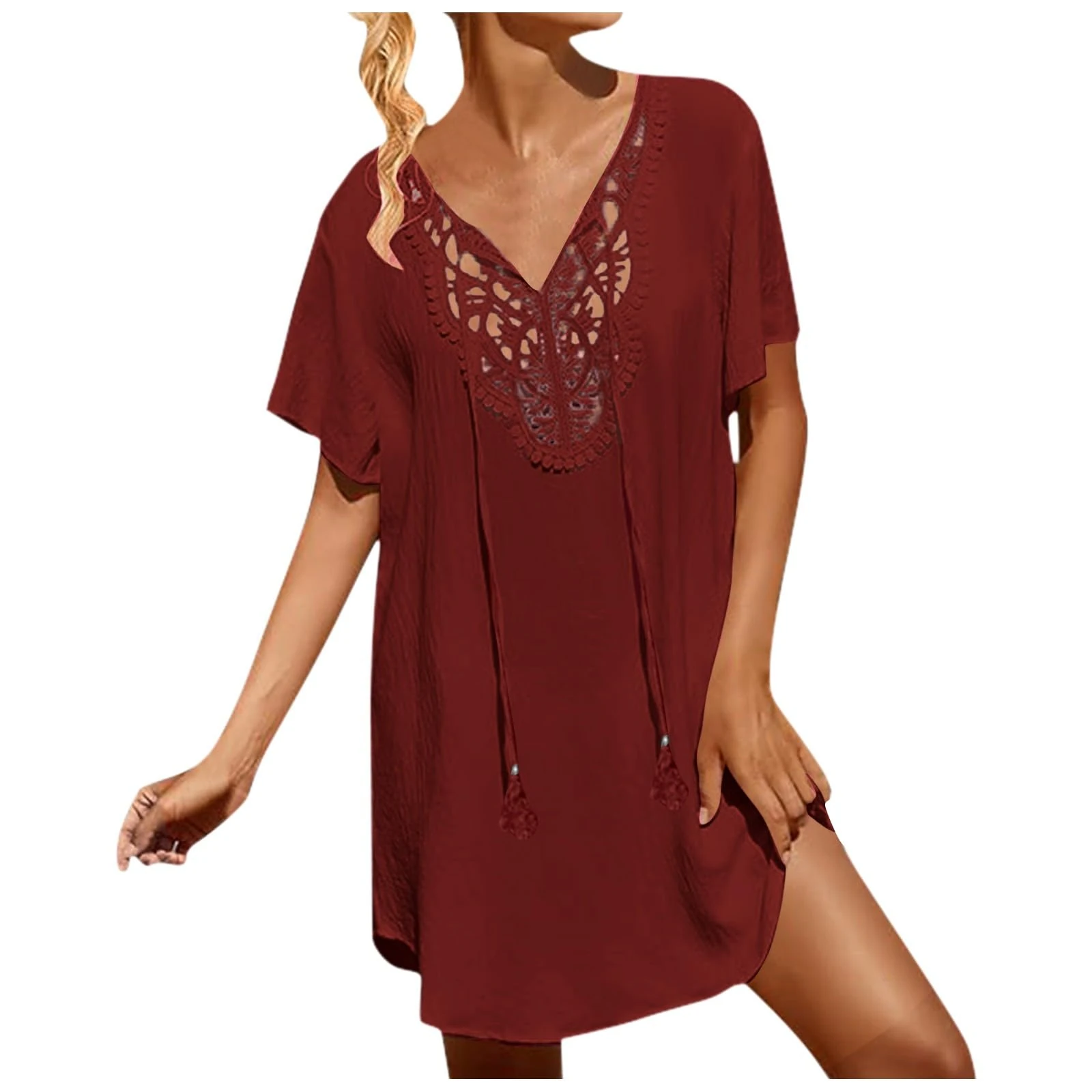 Beach Cover Ups for Women Summer Lace Crochet V-Neck Bikini Cover Up Beachwear Ladies Loose Fit Hollow Out Beach Vacation Dress Red