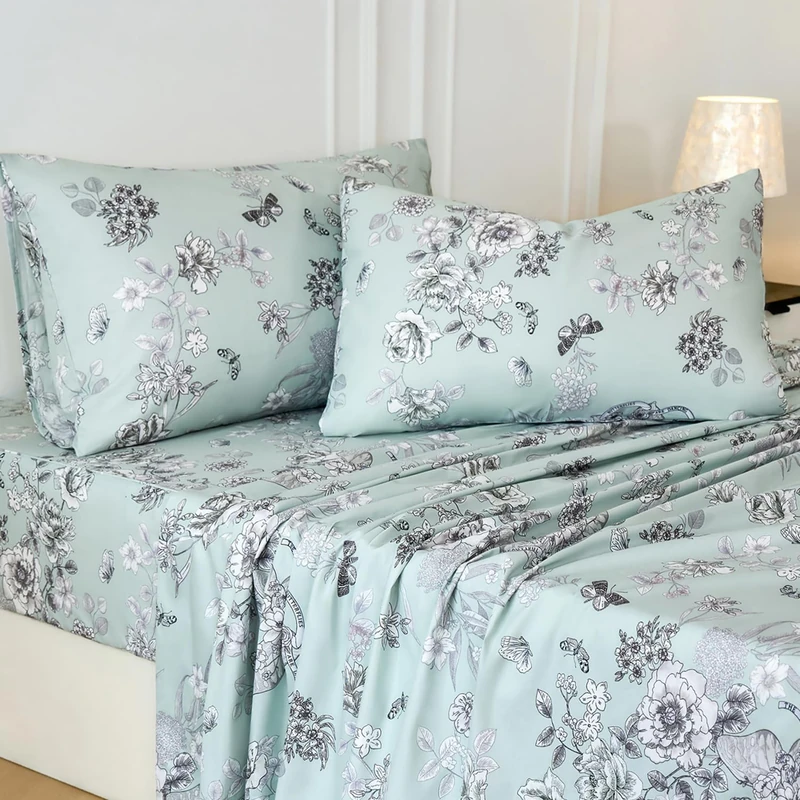 Zusbest Floral Bed Sheets Set Queen Size Percale Cotton Luxury Toile Sheets Light Green French Country Bedding, Soft Crisp, Butterfly Pattern Shabby Vintage Deep Pocket Fitted Sheet 17.5'', 4Pcs