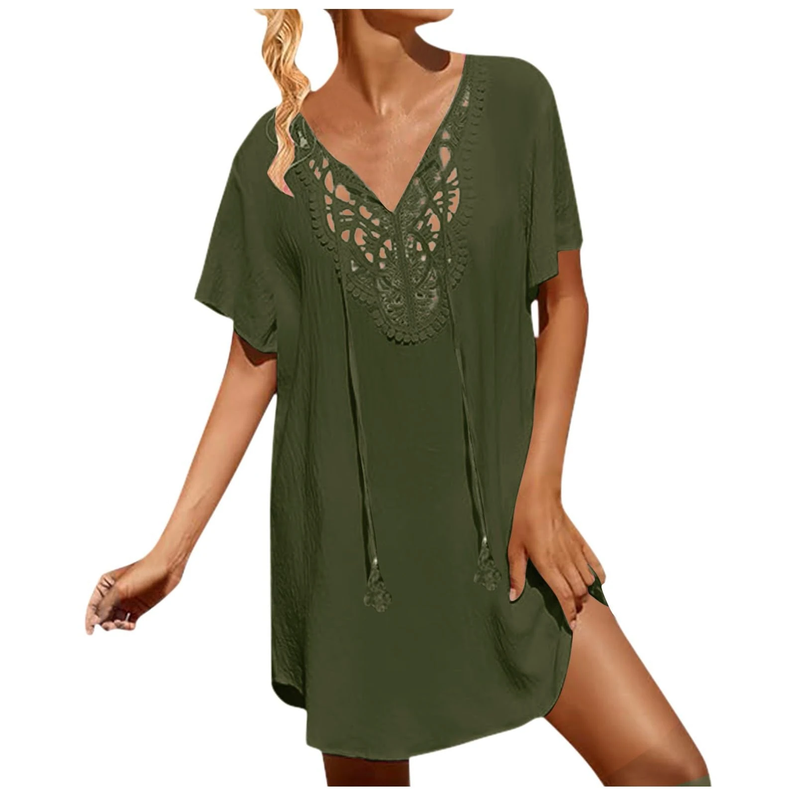 Beach Cover Ups for Women Summer Lace Crochet V-Neck Bikini Cover Up Beachwear Ladies Loose Fit Hollow Out Beach Vacation Dress Green