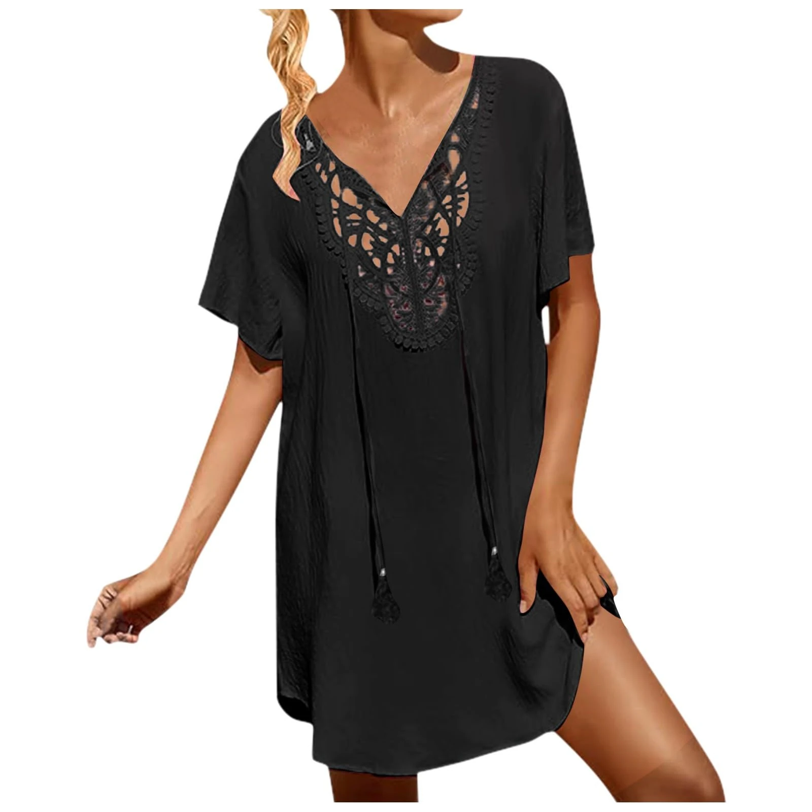 Beach Cover Ups for Women Summer Lace Crochet V-Neck Bikini Cover Up Beachwear Ladies Loose Fit Hollow Out Beach Vacation Dress Black