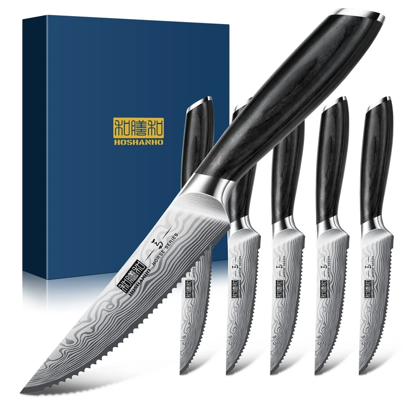 HOSHANHO Steak Knives Set of 6, 4.5 Inch Japanese Serrated Steak Knife Set, Ultra Sharp High Carbon Powder Steel Steak Knife with Pakkawood Handle