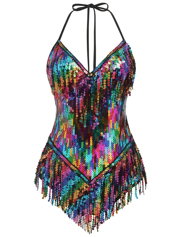IBAKOM Sexy Sequins Fringe Bodysuit Halter Lace Up Back Jazz Latin Dance Tassel Leotard Acrobat Costume Rave Concert Outfits, Black Rainbow, X-Large