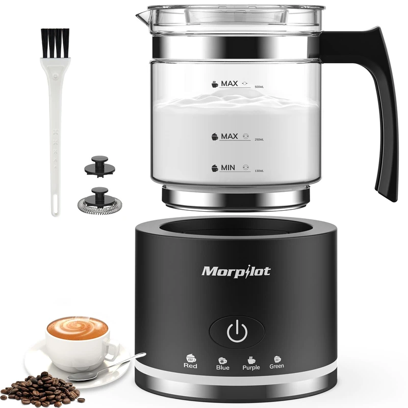 Morpilot Electric Milk Frother Glass Milk Frother 4 in 1 Function, Beautiful to See, Capacity 250 ml for Foaming or 500 ml for Warming, Split Design, Black