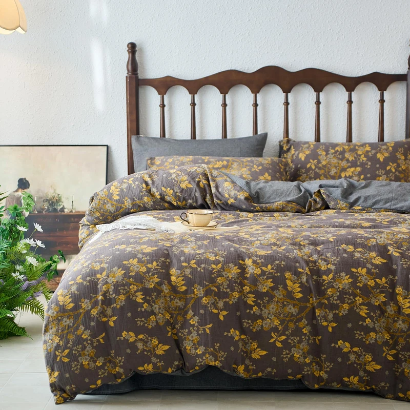 mixinni Vintage Floral Duvet Cover Queen Set - Gold Jacquard & Grey Reversible, 100% Yarn-Dyed Double-Layer Cotton, Breathable & Luxurious Farmhouse Bedding (3-Piece, Includes 2 Pillowcases)