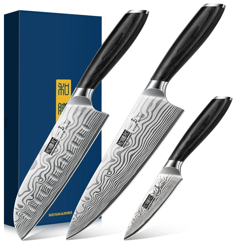 HOSHANHO 3 Pieces Knife Set, Professional High Carbon Powder Steel Kitchen Knife Set, Ultra Sharp Knives Set for Kitchen with Elegant Gift Box