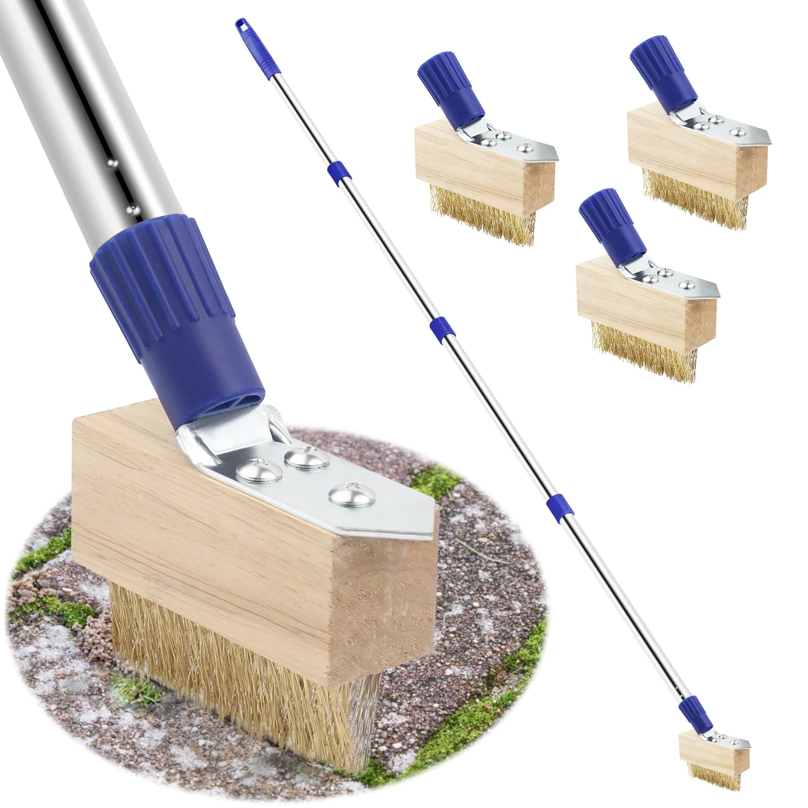 Weed Brush with Long Handle - 60" Block Paving Weeding Tool with V-shaped Wire Brush & Blade Weed Scraper, Weed Remover Tool for Cleaning Patio Garden Driveway Path (3 Weed Brush Heads Include)