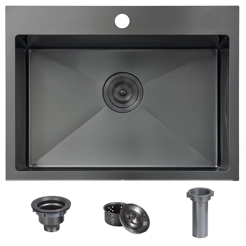 Comllen 22x18 Inch Black Kitchen Sink,Drop in 16 Gauge RV Small Kitchen Bar Sinks,Stainless Steel Topmount Outdoor Prep Single Bowl Workstation Wet Bar Sink