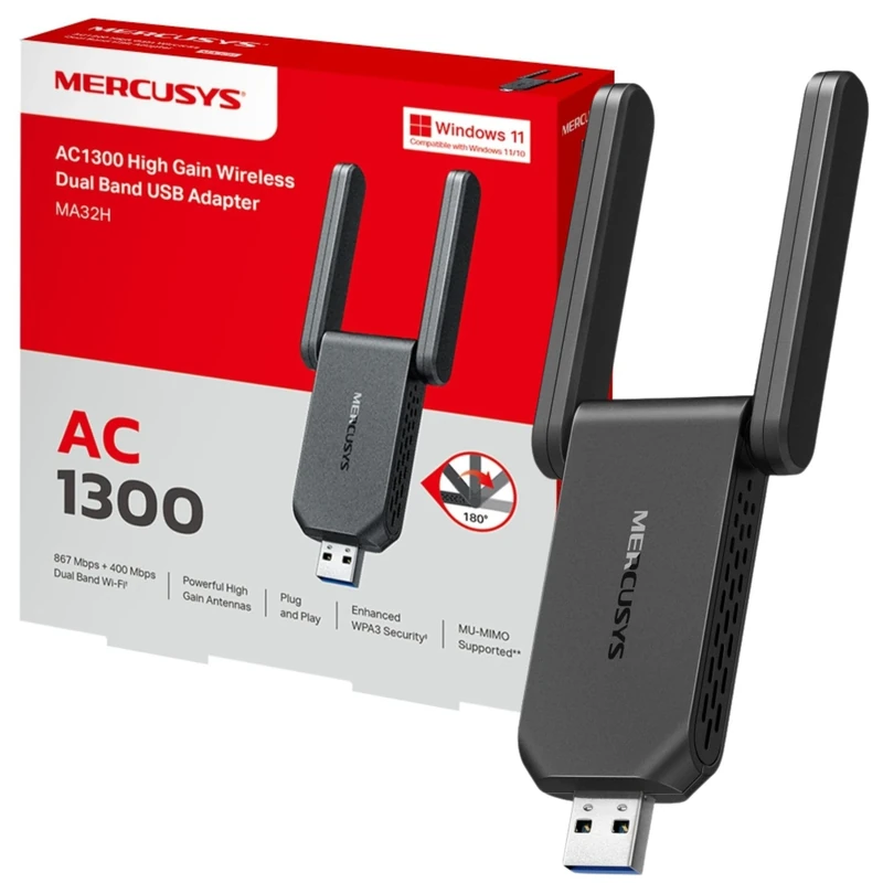 MERCUSYS MA32H TP-Link AC1300 3.0 USB WiFi Dongle for PC, Dual-Band USB WiFi Adapter for PC, Two High Gain Antennas, Win10/11, MU-MIMO, Plug&Play, WPA3 Security, Broader Coverage, Lower Latency
