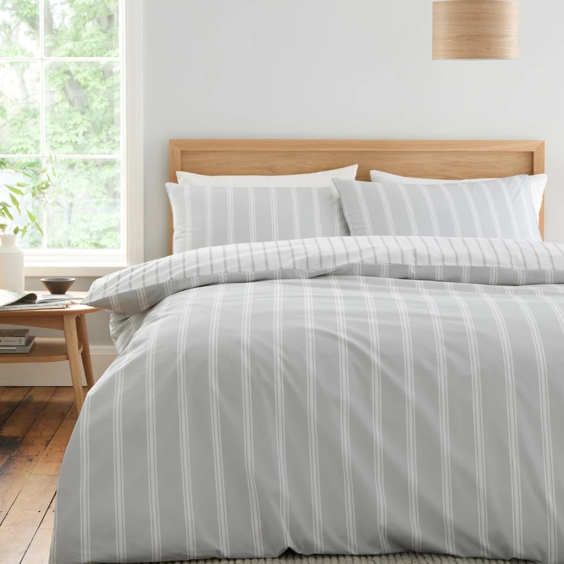 Bianca Ashford Stripe 200 Thread Count Cotton Percale Reversible Double Duvet Cover Set with Pillowcases Silver Grey