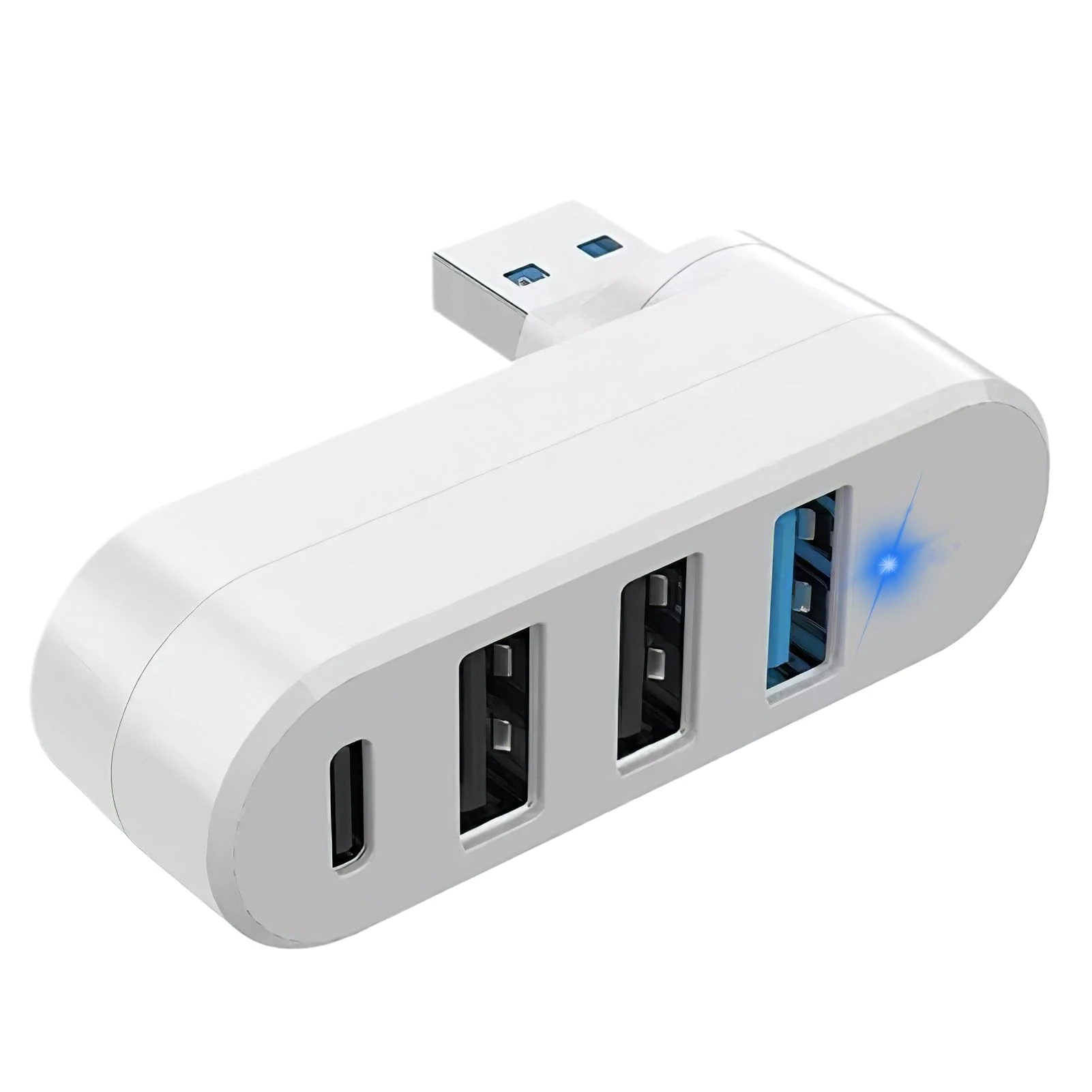 4 Port USB Splitter for Car, 90°/180° Degree Rotatable Usb Extender with 3 Usb Ports & 1 Type C Power, Multiport Adapter for Laptop, Car, Mobile Phone, White