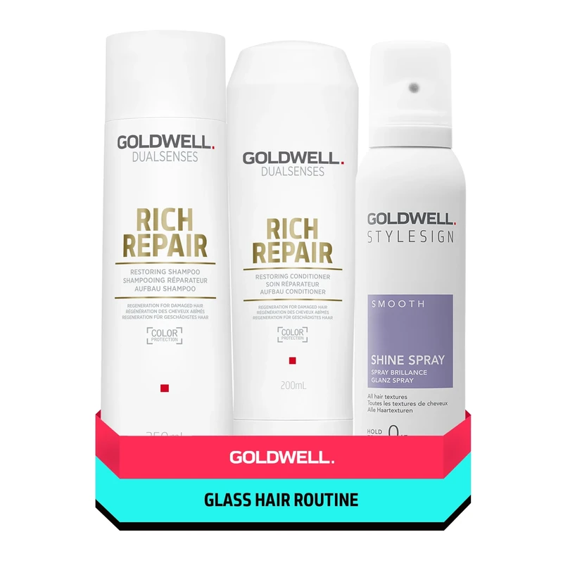 Goldwell Glass Hair routine; Dualsenses Rich Repair shampoo 250ml & conditioner 200ml, StyleSign Shine Spray 150ml