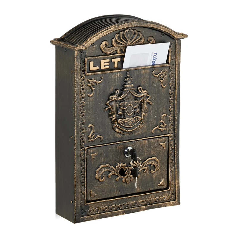 Relaxdays Letterbox in Vintage Design, Ornate Postbox, 42 x 28 x 10 cm, Mailbox with A4 Letter Slot, 2 Keys, Bronze/Gold, Aluminium, Iron