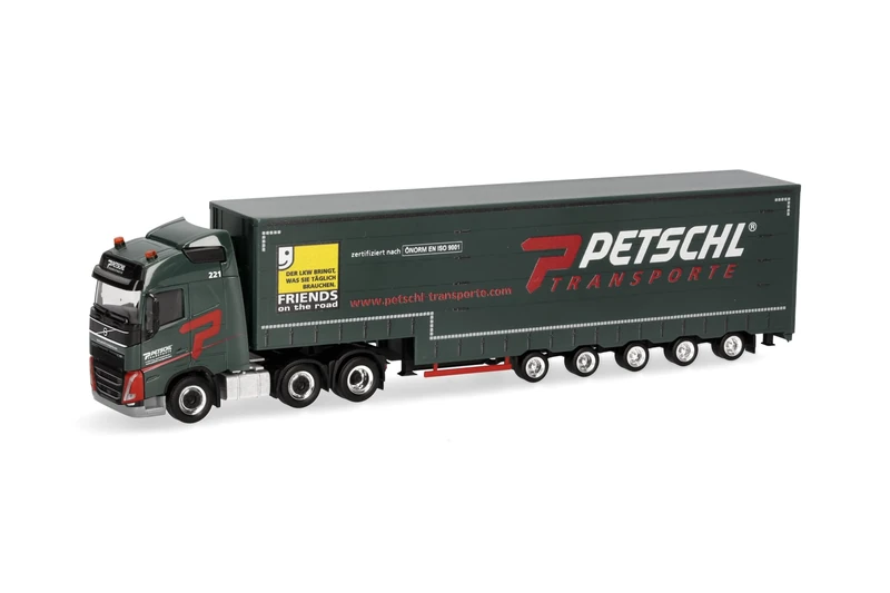 Herpa Truck Model Volvo FH GL 2020 Volume Tarpaulin Saddle Trailer Petschl Miniature Scale 1:87 Collector's Item Made in Germany, Plastic