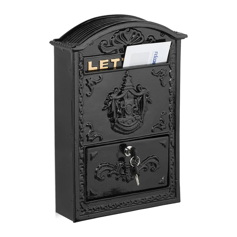 Relaxdays Letterbox in Vintage Design, Ornate Postbox, 42 x 28 x 10 cm, Mailbox with A4 Letter Slot, 2 Keys, Black/Gold