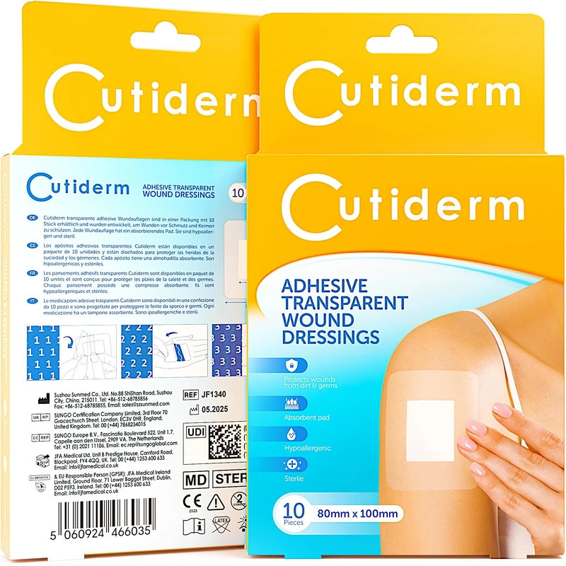 Cutiderm Adhesive Transparent Waterproof Wound Dressings 80mm x 100mm - Pack of 10 Dressings, Plasters