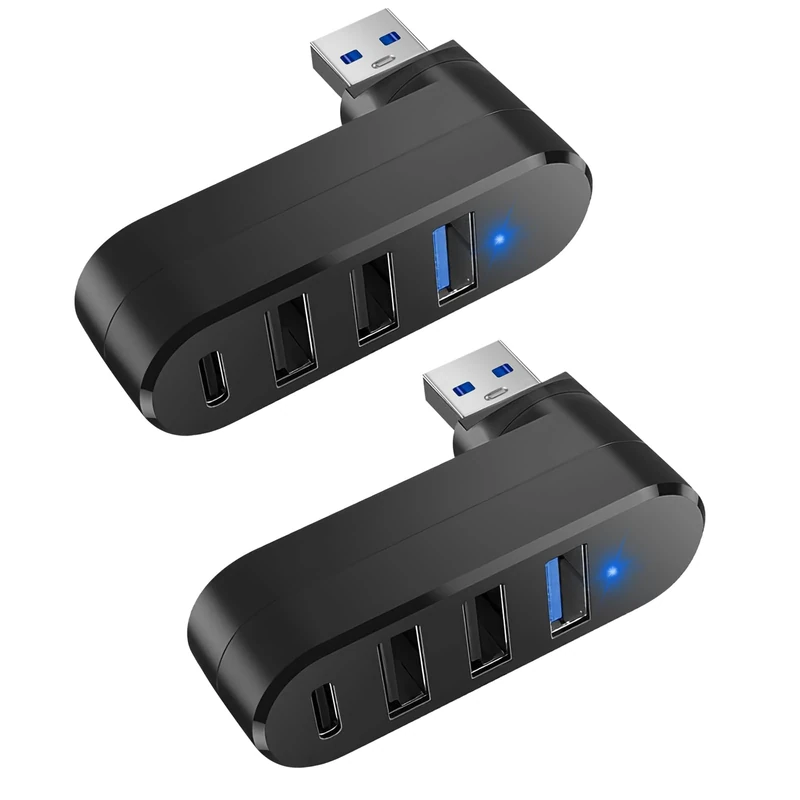 4 Port USB Splitter for Car, 2pcs 90°/180° Degree Rotatable Usb Extender with 3 Usb Ports & 1 Type C Power, Multiport Adapter for Laptop, Car, Mobile Phone, Black