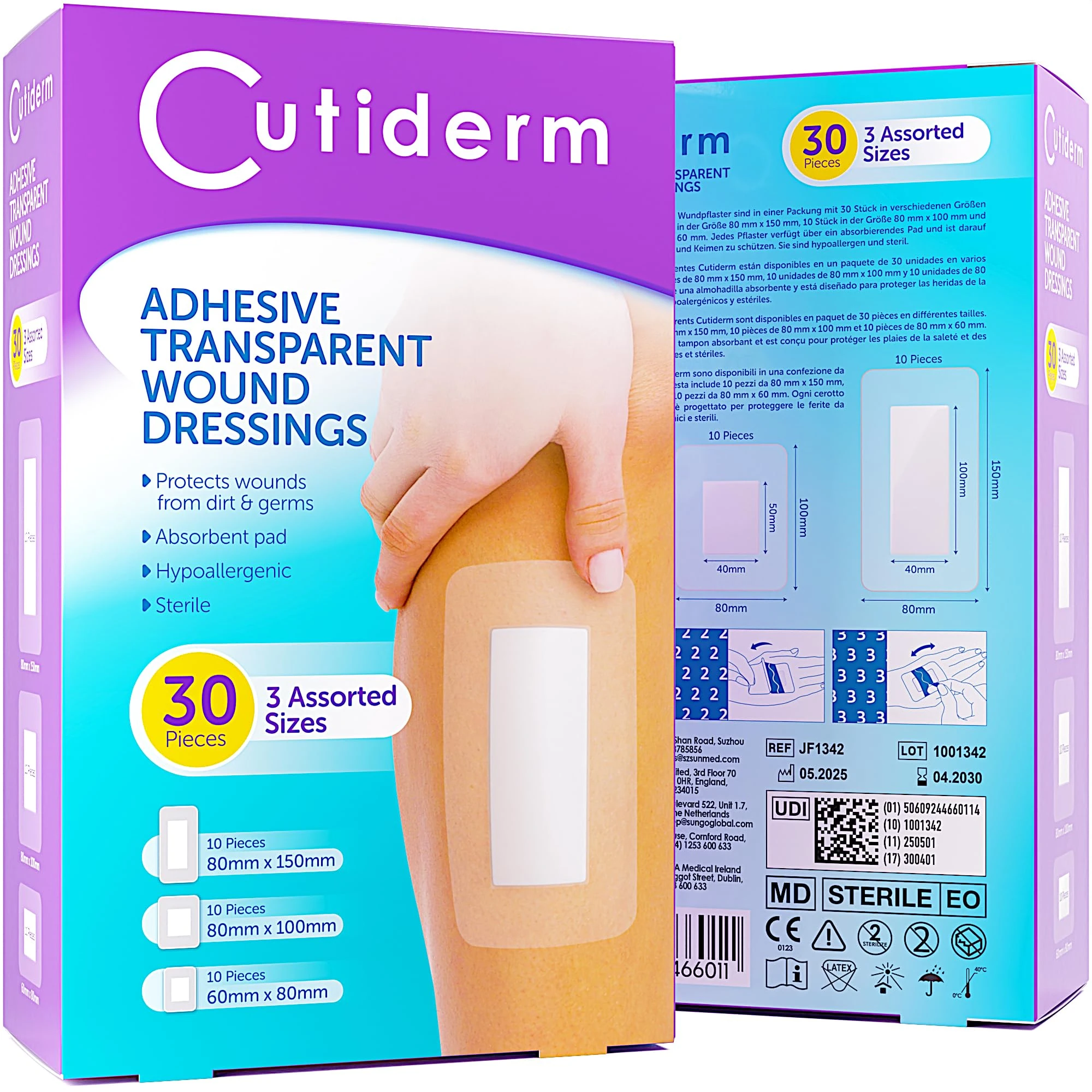 Cutiderm Large Adhesive Transparent Waterproof Wound Dressings Assorted Sizes - Pack of 30 Dressings, Plasters
