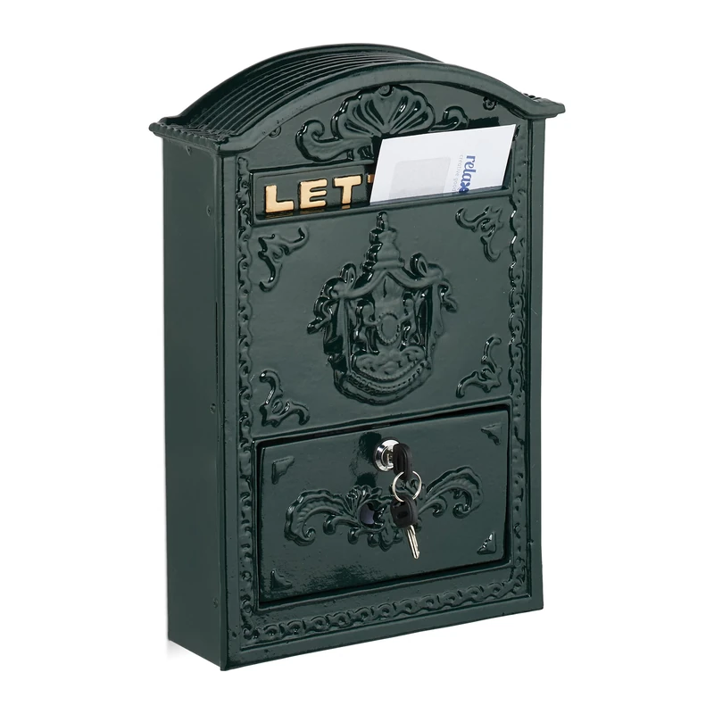 Relaxdays Letterbox in Vintage Design, Ornate Postbox, 42 x 28 x 10 cm, Mailbox with A4 Letter Slot, 2 Keys, Green/Gold, Iron, Aluminium