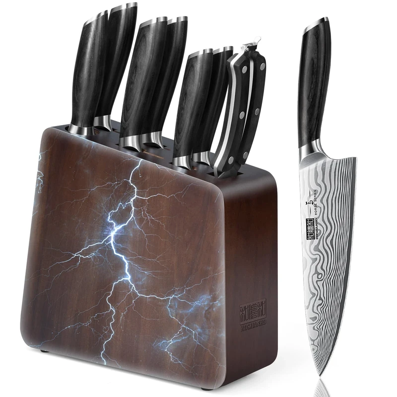 HOSHANHO 8 Pieces Knife Set with Magnetic Block, Ultra Sharp Powder Steel Knife Block Set, Professional Chef Knife Sets with Ergonomic Handle & Knife Sharpener