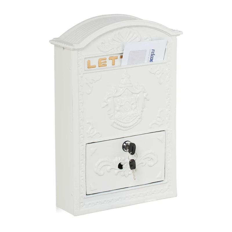 Relaxdays Letterbox in Vintage Design, Ornate Postbox, 42 x 28 x 10 cm, Mailbox with A4 Letter Slot, 2 Keys, White/Gold, Iron, Aluminium