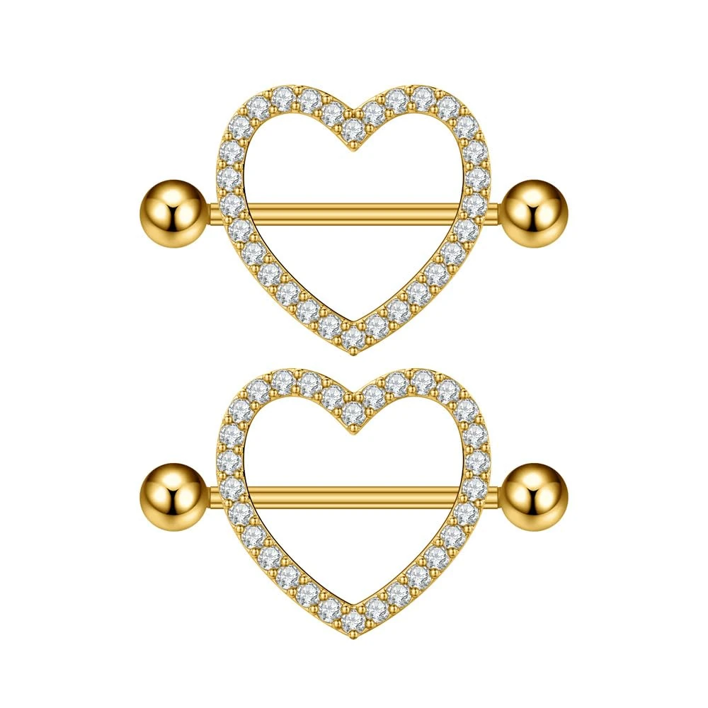 IMINI 14G Crystal Heart Nipplerings Barbells - Hypoallergenic Cubic Zirconia Body Jewellery for Women, Nipple Shield Rings Piercing Gift (Gold)
