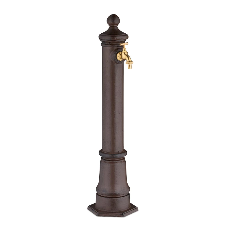 Relaxdays Column Fountain, Garden Water Featue, with Tap, HxWxD: 80x18x20.5 cm, Standing Patio Ornament, Faucet, Brown, Steel, Aluminium