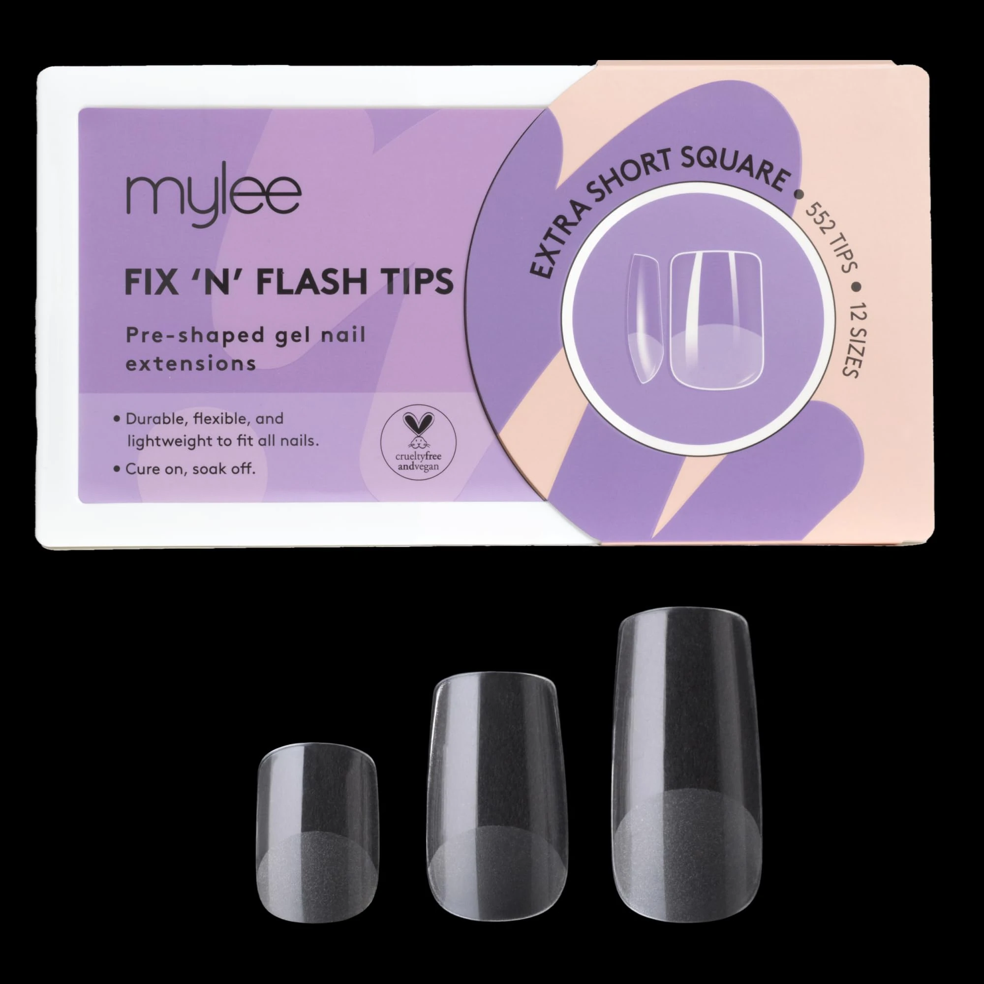 Mylee Fix N Flash Soft Gel Tips - 552 PCS Full Cover Nail Art Extensions Flexible & Resistant 12 Different Sizes Fit All Nails (Extra Short Square)