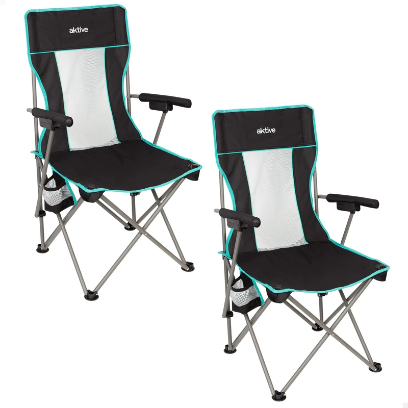 AKTIVE Pack of 2 Deluxe Folding Camping Chairs, Breathable Mesh Back, Steel Frame, Coasters, Carry Bag, Ideal for Camping and Outdoors (85517)