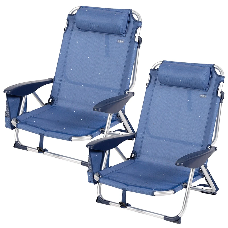 AKTIVE 2 Pack Low Folding Beach Chairs, 20 x 18 x 30 Inches, 4 Position Recliner, Anti-Roll, Cushion, Side Pocket, Click Closure, Navy (85498)