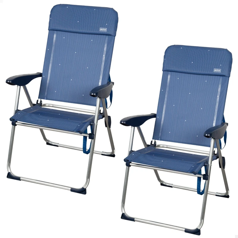 AKTIVE Pack of 2 Folding Beach Chairs, Aluminium and Textilene, Backrest 4 Positions, Supports 110 kg, Transport Handles, Blue, Model La Palma (85503)