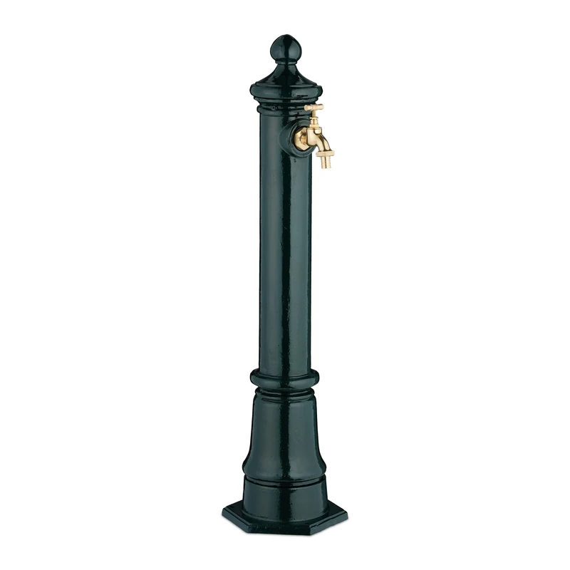 Relaxdays Column Fountain, Garden Water Featue, with Tap, HxWxD: 80x18x20.5 cm, Standing Patio Ornament, Faucet, Green, Aluminium, Steel