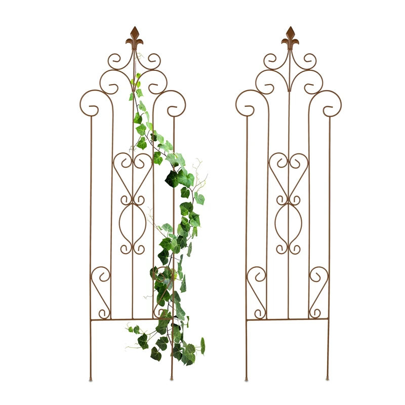 Relaxdays Metal Trellis, Set of 2, Vintage Design, HxW: 116 x 35 cm, Climbing Support for Plants, Push-In Stake, Brown