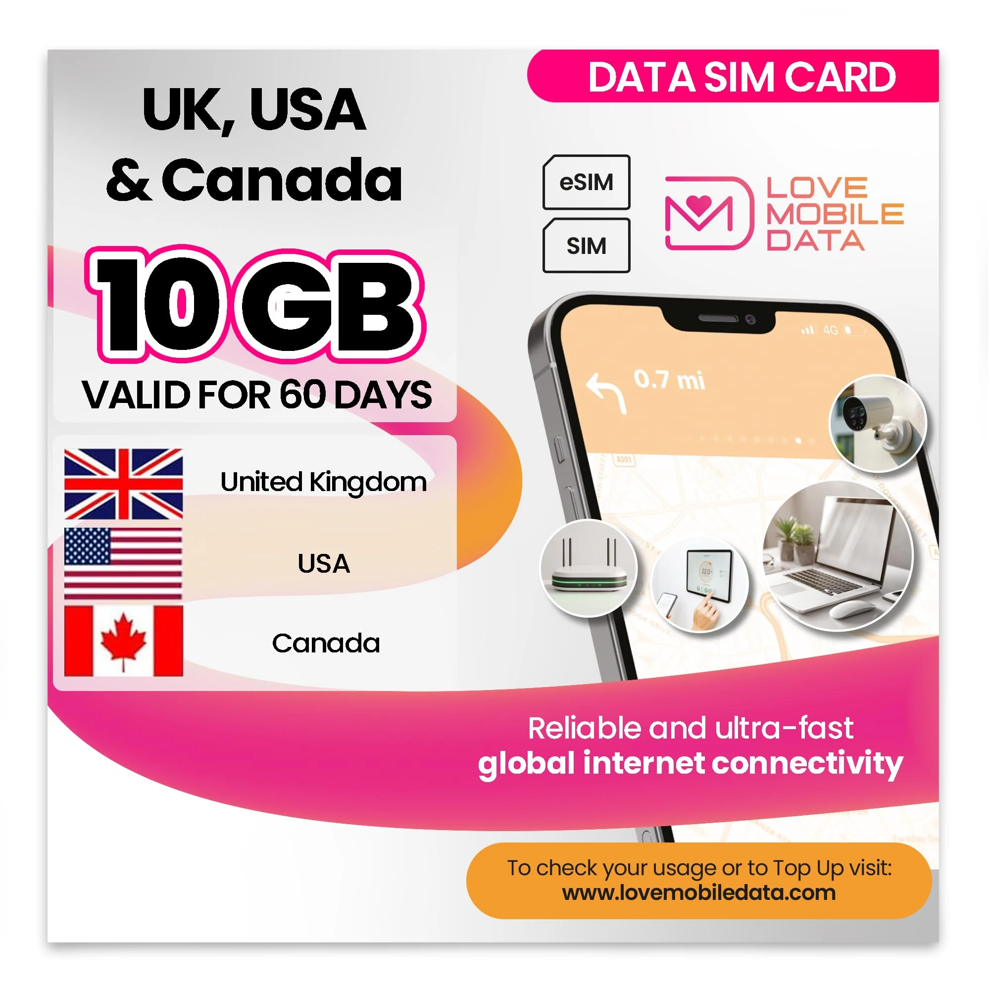 Love Mobile Data Only Sim Card - International Multi-Network 4G/5G Prepaid Pay As You Go Data Sim for Mobile Phones, WiFi Routers, & More, UK, Canada & USA Coverage, 10GB for 60 Days