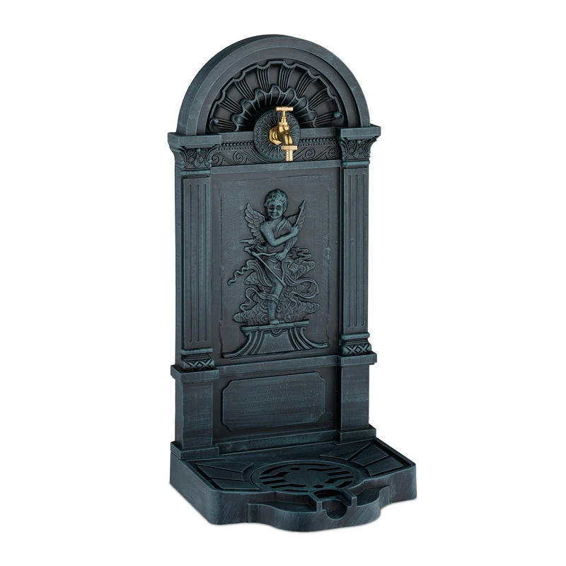 Relaxdays Garden Fountain, Antique Design with Angel, Tap & Basin, HWD: 83 x 39 x 33 cm, Outdoor Water Feature, Grey