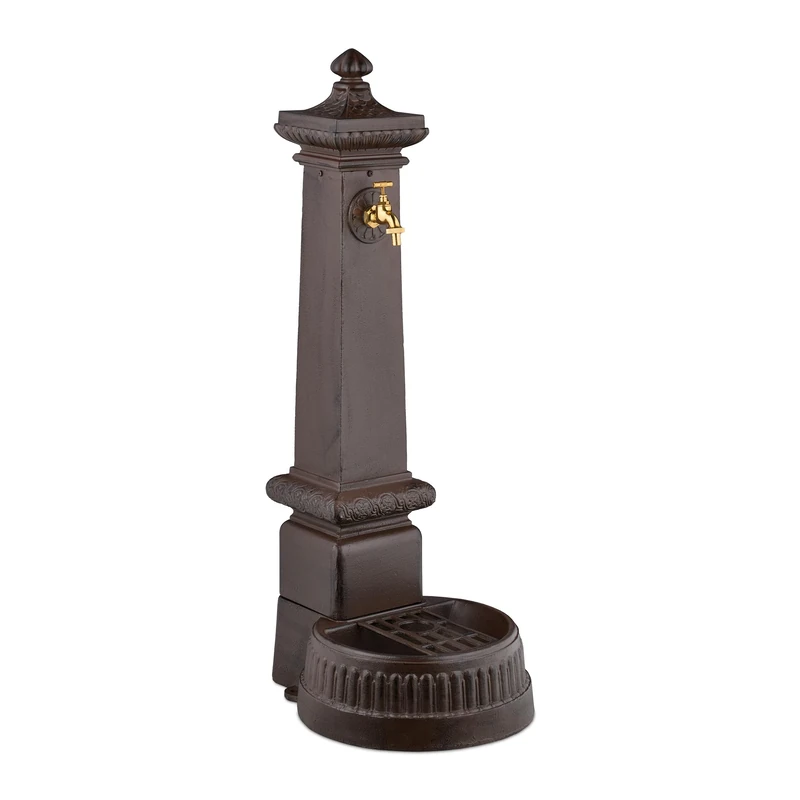 Relaxdays Column Fountain, Garden Water Featue, with Tap & Basin, HxWxD: 100x44.5x38 cm, Standing Patio Ornament, Brown