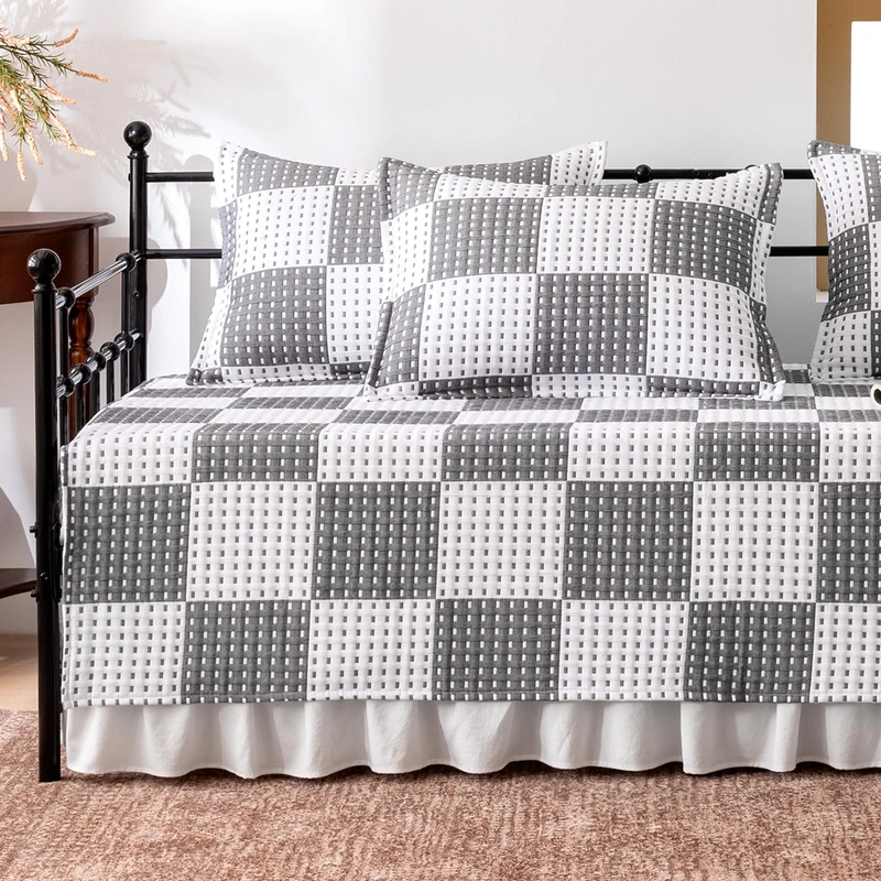 SLEEP ZONE H2 Cotton Craft Quilt Set Gray Plaid Daybed Cover Set