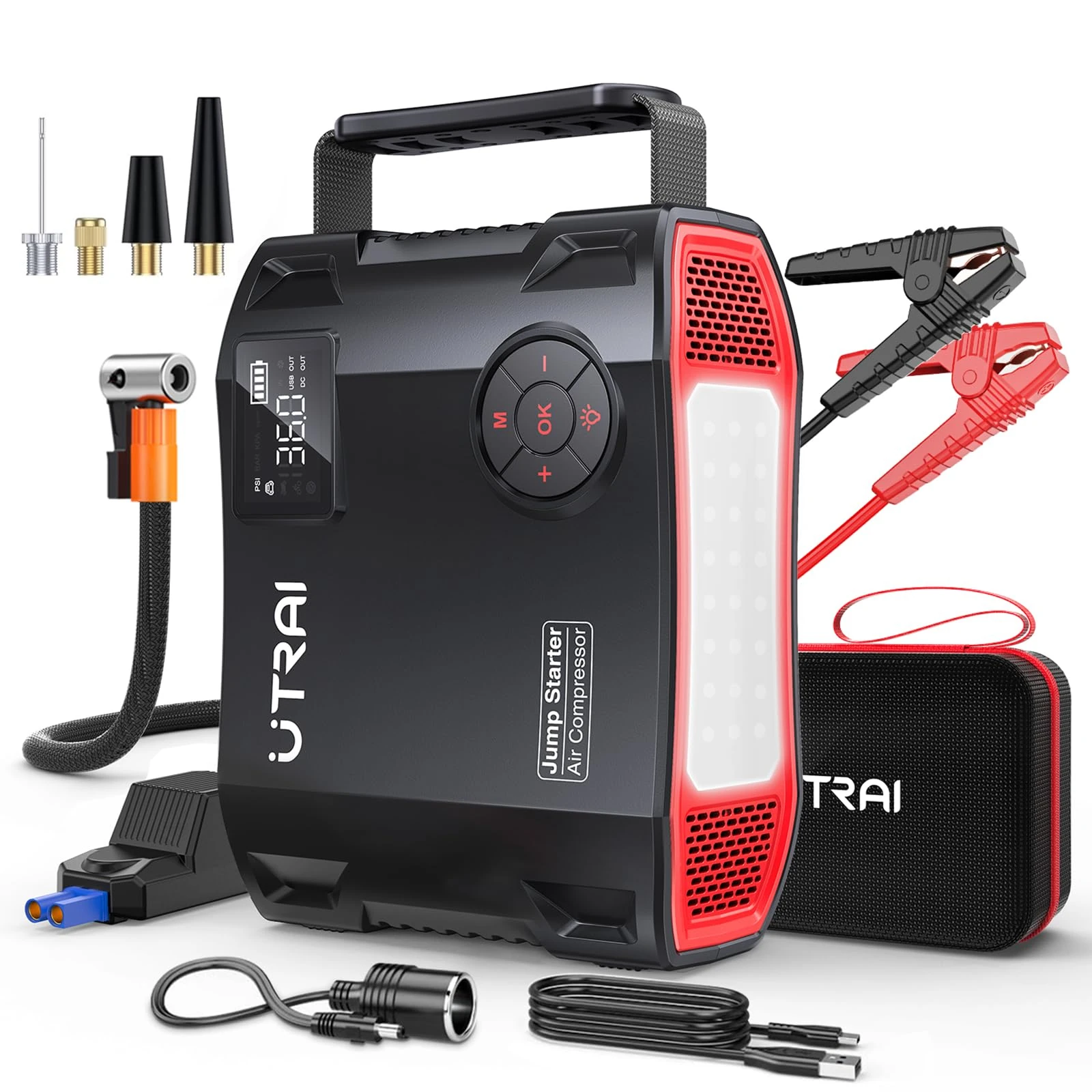 6500A 27000MAh Jump Starter Power Pack with Air Compressor,UTRAI Car Battery Booster Jump Starters with 1600 Lumens LED Flashlight/160 DC OUT/18W Fast Charging,Powerbank Charger for All Gas/12L Diese