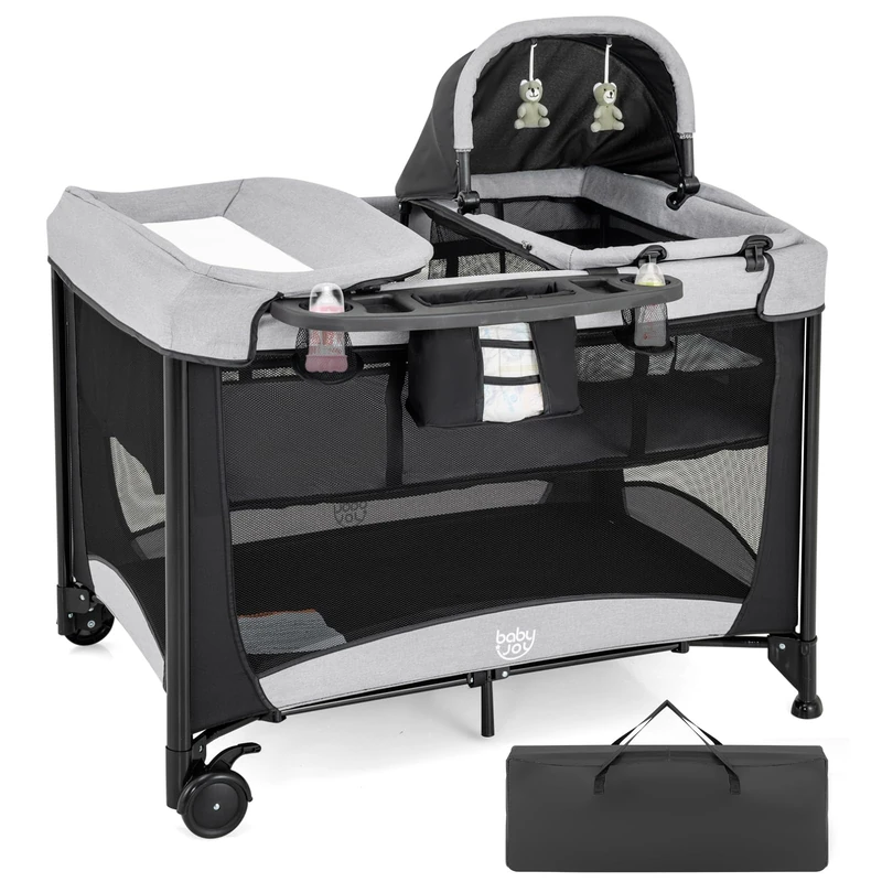 GYMAX Folding Travel Cot, 5 in 1 Portable Baby Bed Playard (Black)