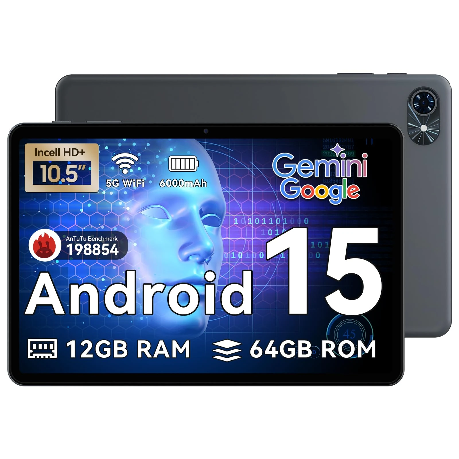 Tablet 2025 Latest Android 15 Tablets, 10.5 inch Tablet with HD+IPS Display, 12(4+8) GB RAM+64GB ROM/ 2TB TF, Gemini AI 2.0, GPS, 5G WiFi, 2.0GHz CPU & 5MP Camera, 6000mAh, GMS Certified