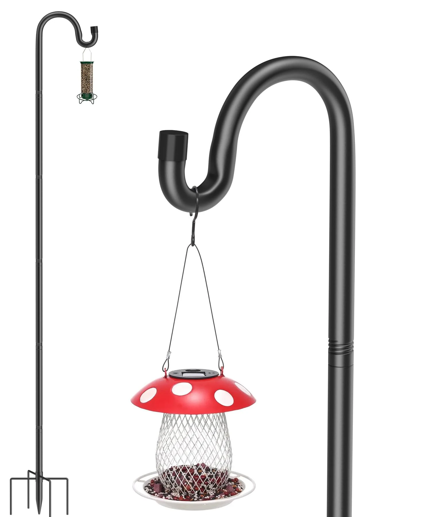 QIZENME Bird Feeder Pole, 234cm Shepherds Hooks Heavy Duty 5 Prongs Base, Garden Bird Feeders Hanging Station Metal Adjustable, Hanger Crooks Stand for Lights Lantern Wedding Decoration, Black