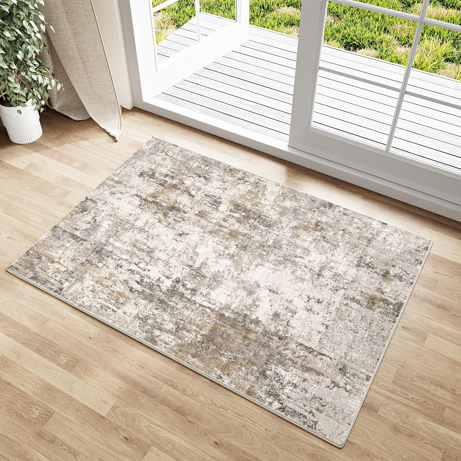 HUGEAR Washable Door Mat Rug 60x90cm Grey Brown Doormats Non Slip Abstract Natural Neutral Modern Small Carpet Entrance Bedroom Kitchen Lounge Bedside Low Pile Carpets