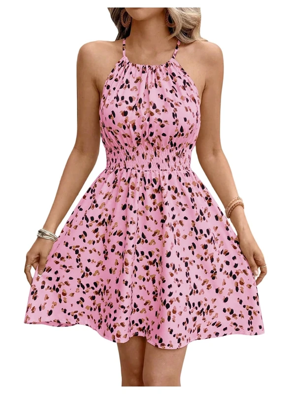 GORGLITTER Women's Graphic Sleeveless Halter Dresses A Line Ruffle Short Loose Beach Holiday Dress Pink Small