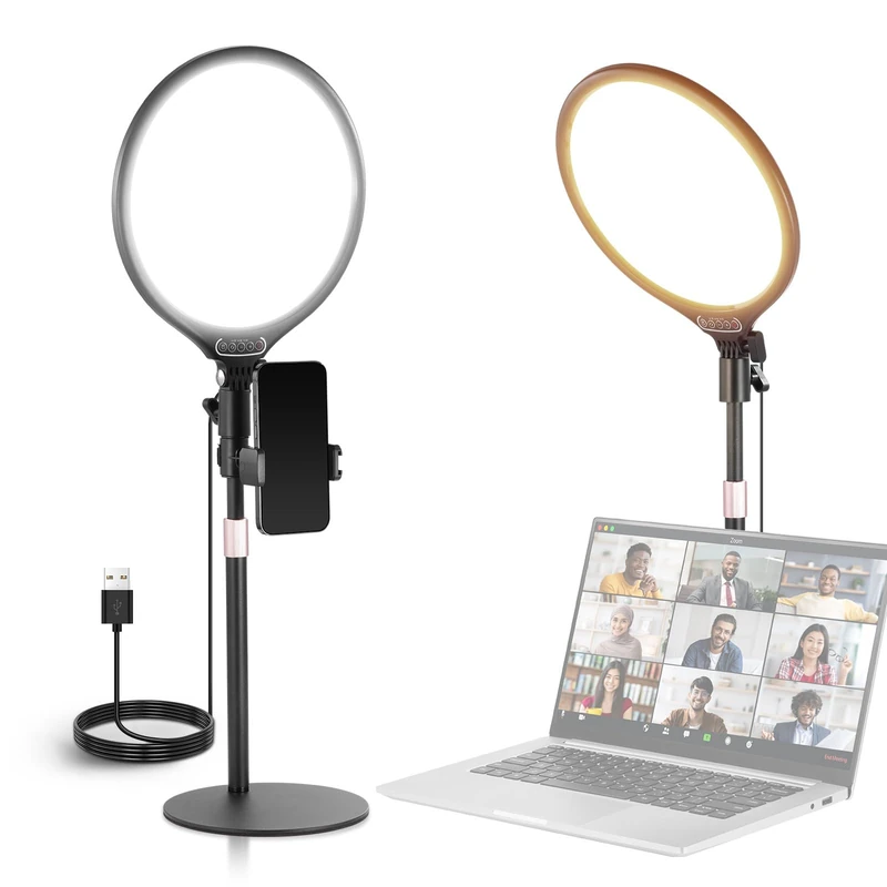 NEEWER Basics 10.5" Desk Ring Light w Stand/Phone Holder/Timer, Full Screen 15W Dimmable LED Selfie Panel Lighting for iPhone Recording Streaming Laptop Webcam Video Conference, USB A Power ONLY, R10