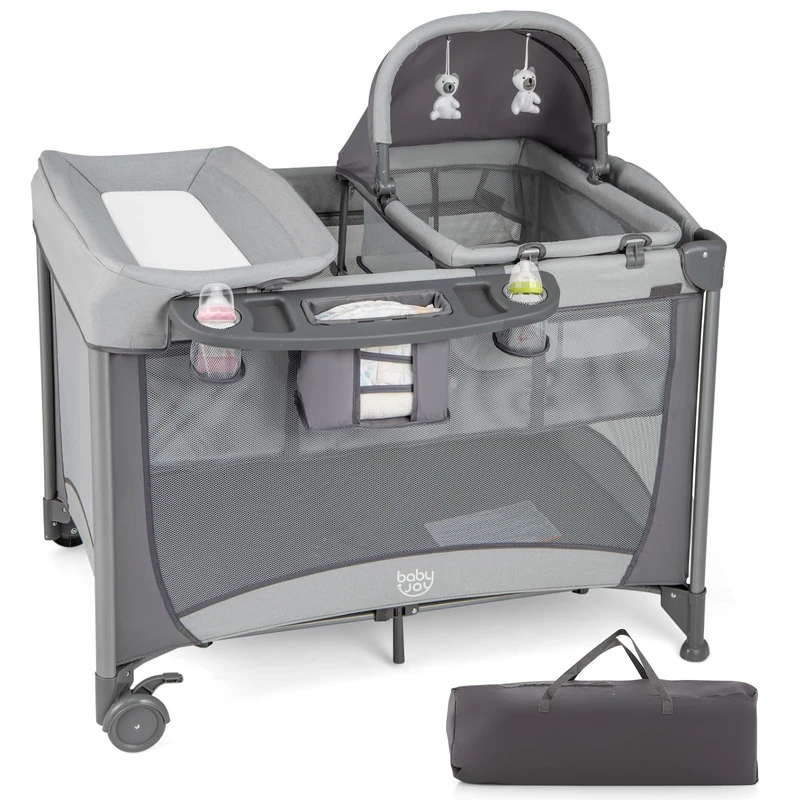 GYMAX Folding Travel Cot, 5 in 1 Portable Baby Bed Playard (Grey)