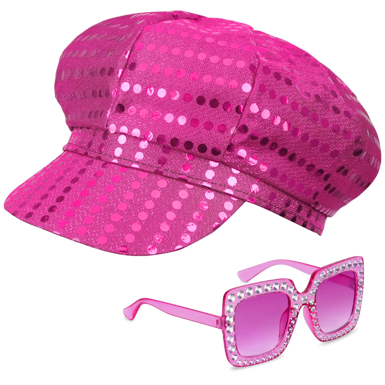Yotako 2Pcs Abba Hat Rose Abba Accessories Women with Sequins Hat Bling Sunglasses Disco Costume Set Abba Fancy Dress Costume Accessories for Women Theme Party Birthday Dance