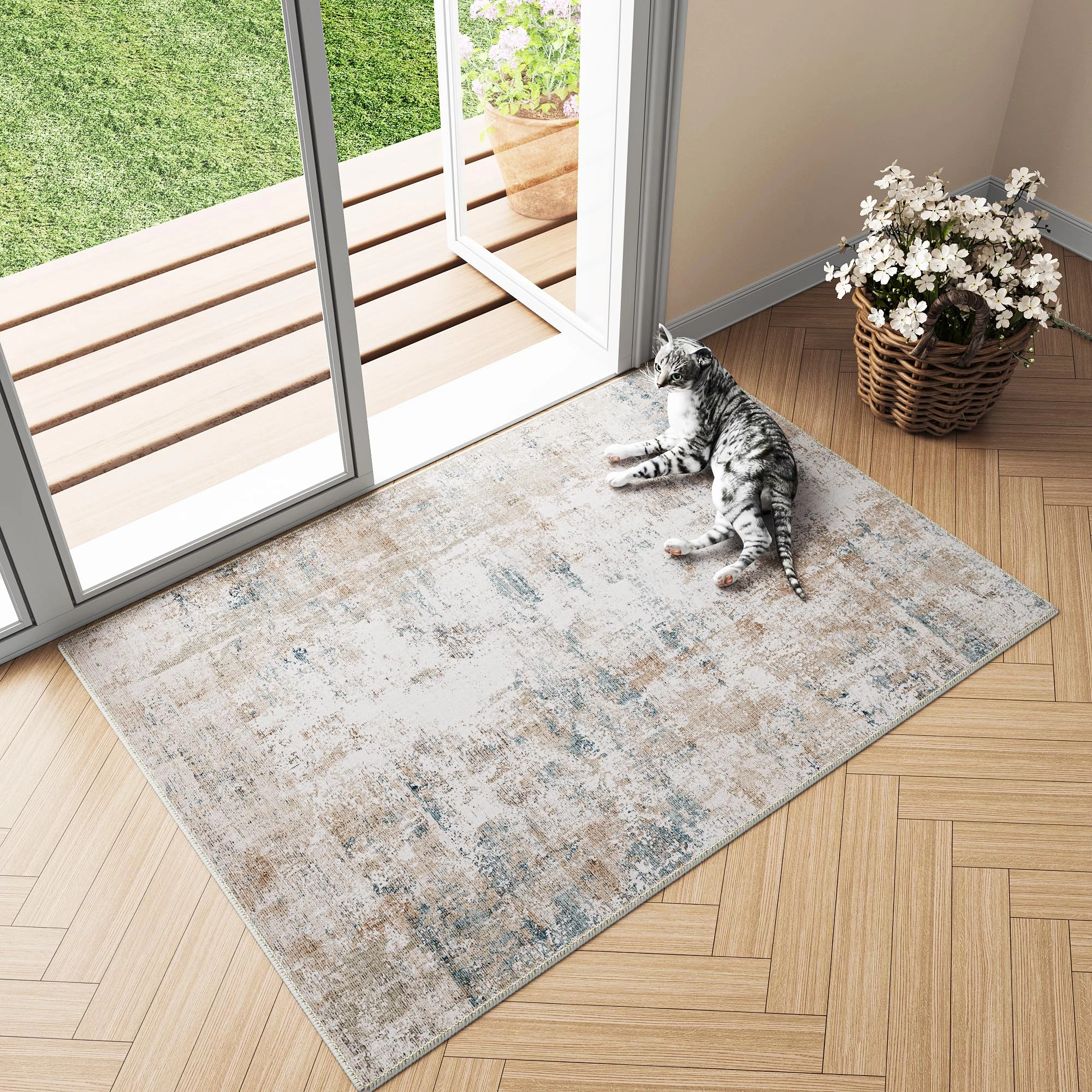 HUGEAR Washable Door Mat Rug 60x90cm Beige Blue Doormats Non Slip Abstract Natural Neutral Modern Small Carpet Entrance Bedroom Kitchen Lounge Bedside Low Pile Carpets