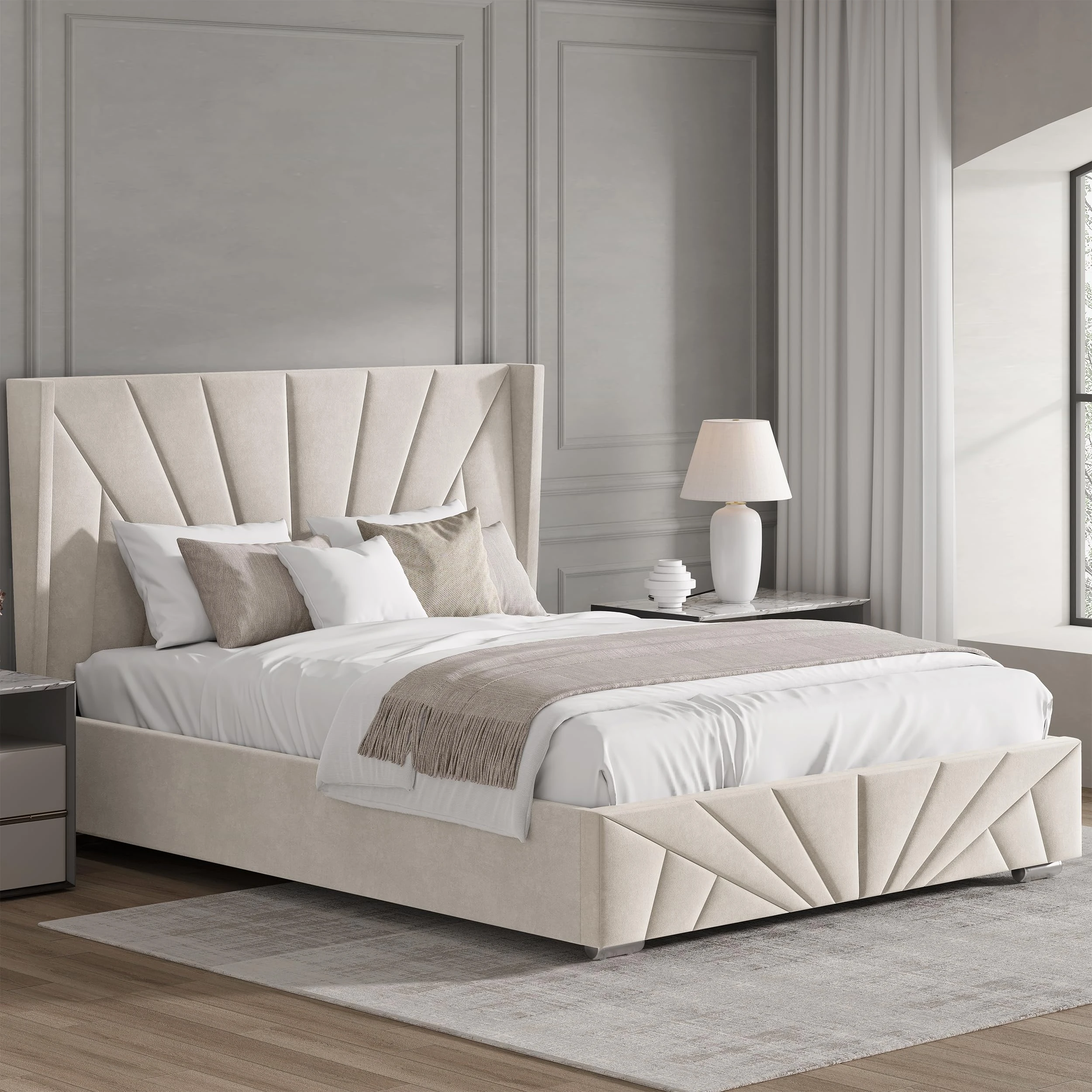 Blisswood Double Ottoman Bed Frame – Upholstered 4ft6 Storage Bed with Headboard, Gas Lift-Up Wooden Slats Base, Large Space-Saving Design for Bedroom or Guest Room (135x190cm Beige_Mattress Included)